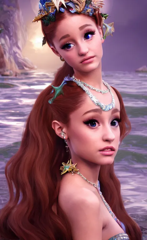 Image similar to ariana grande charming mermaid dreamlke with jewelry, character art, art by john singer sargent, hyperdetailed, 8 k realistic, symmetrical, frostbite 3 engine, cryengine, dof, trending on artstation, digital art