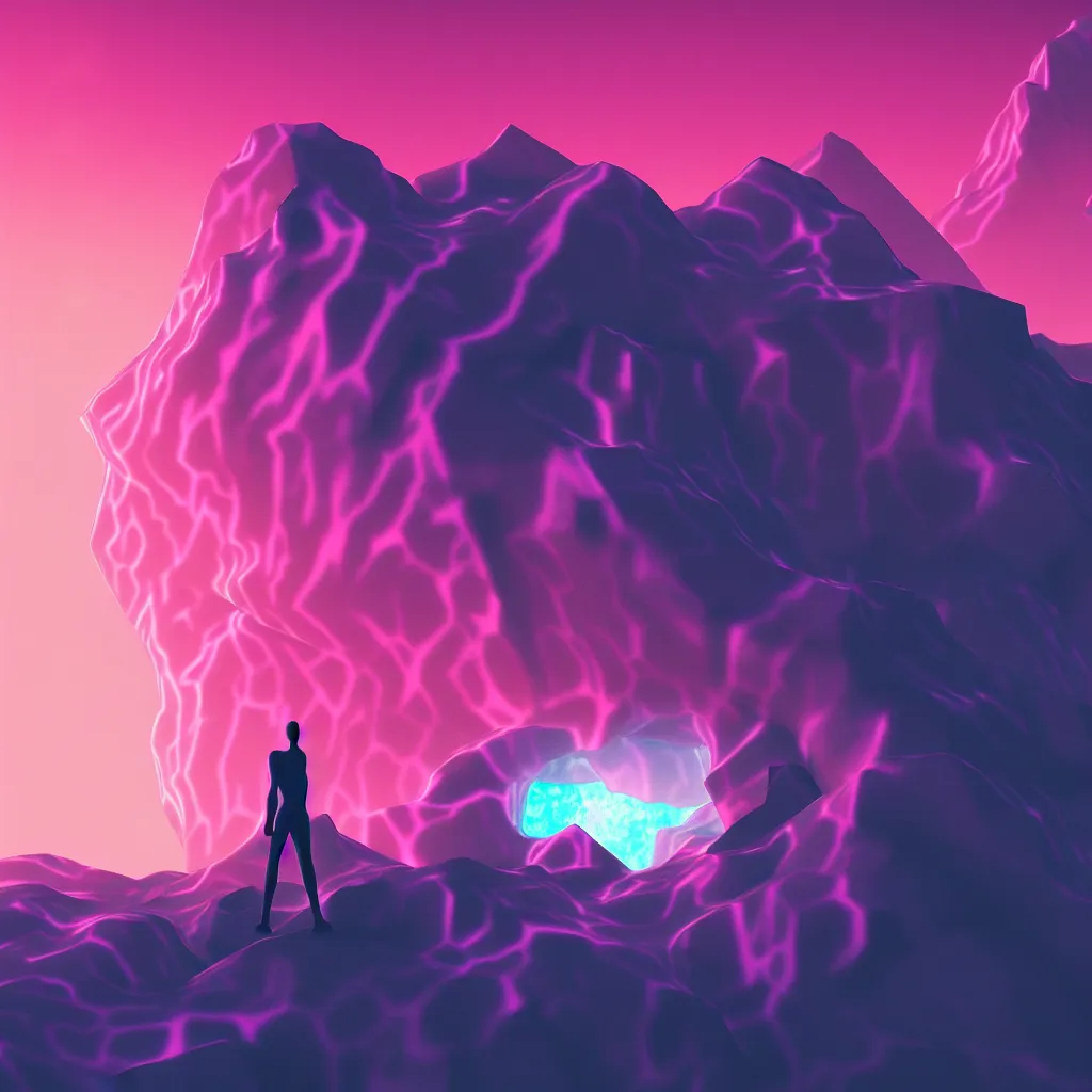 Image similar to manikin made of marble, fractal neon explosion revealing a portal to a vaporwave paracosm, mountains and city in background, rule of thirds, clean linework, dramatic, moody, introspective, cinematic, award winning, 4 k, trending on artstation, photorealistic, volumetric lighting, octane render