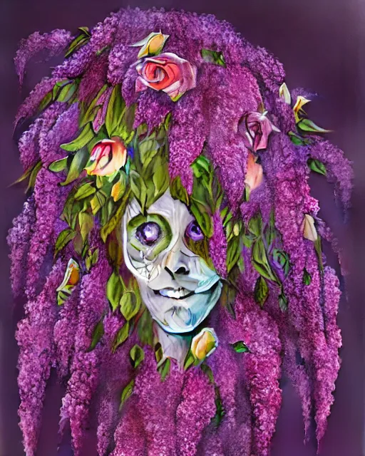 Image similar to Haunting horrifying detailed painting of a tall skinny extraterrestrial flower monster made of lilacs, roses, lilies and daffodils, light leak, spectrum, and bloodshot eyeballs, hyper detailed, trending on Artstation