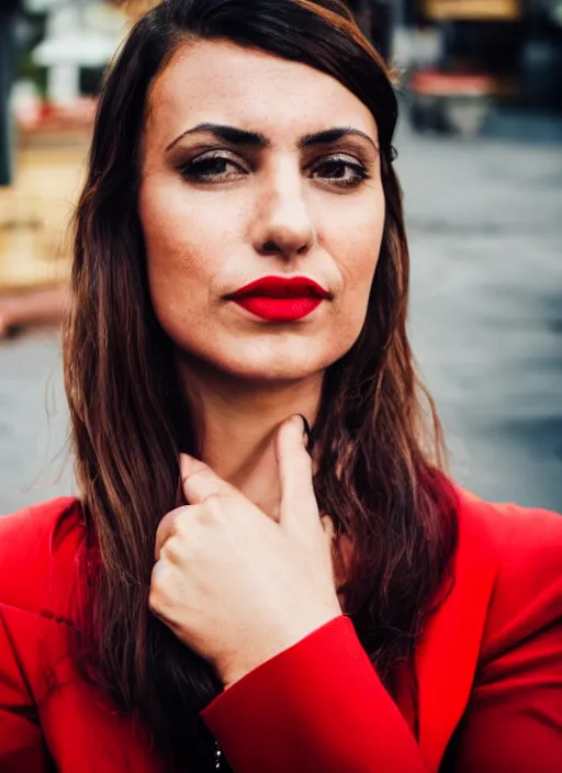 Image similar to close up portrait of beautiful 35-years-old Italian woman, wearing a red outfit, well-groomed model, candid street portrait in the style of Mario Testino award winning
