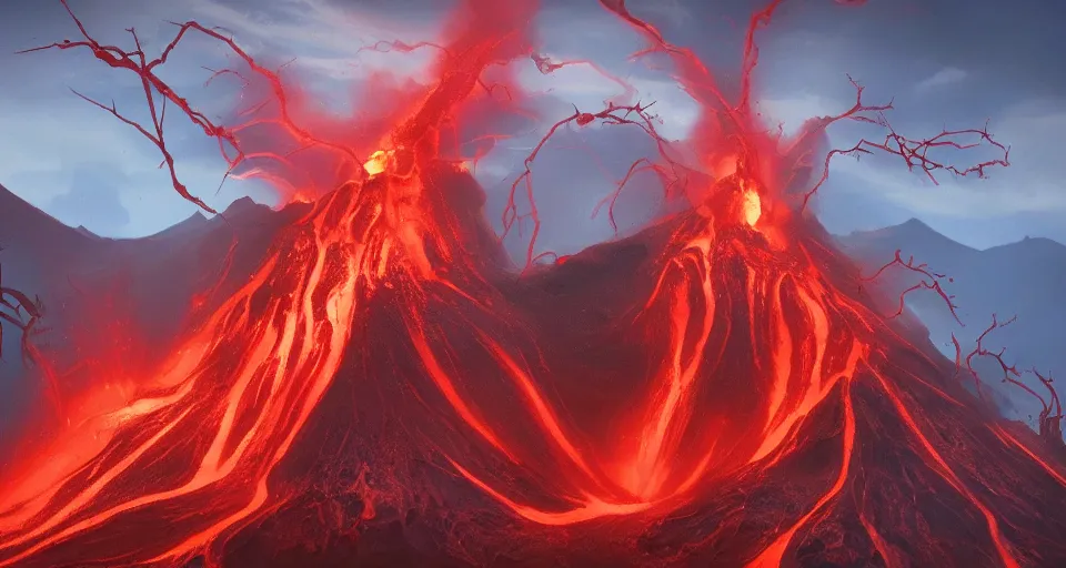 Prompt: a volcano made of ivory vines and crimson rocks enters in eruption, it spits a smoke in the shape of demonic eye, from Hearthstone