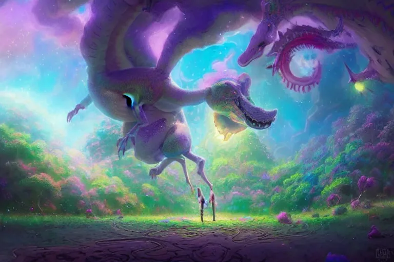 Image similar to a psychedelic realm made entirely out of love and acceptance, astral beings sharing love. filled with cute smiling glowing chibi style pixar baby dinosaurs in the style of greg rutkowski! and wlop and lisa frank! and bob ross!!! and ruan jia, illustration, epic, fantasy, hyper detailed, smooth, unreal engine, sharp focus, ray tracing