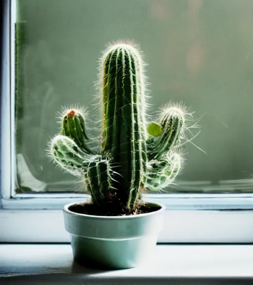 Prompt: an old photo of a cactus on a sunny windowsill, soft lighting