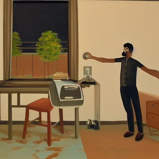 Image similar to a man begs his computer and monitor for more dalle 2 prompts. the apocalypse outside his giant apartment window. oil painting, 1 9 7 0 s