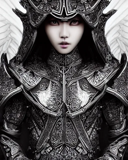Image similar to Detailed portrait of the strangest angel, black and white armor!!, unique design, by Yun Taek Oh, fine details, pretty face, beautiful violet eyes, inside a palace, perfect, colorful background!!!, 8k high detail, intricate, sharp focus, masterpiece, trending on artstation