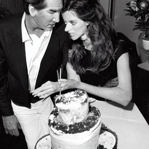 Prompt: tabloid photograph showing pierce brosnan forcing a skinny woman to eat cake against her will
