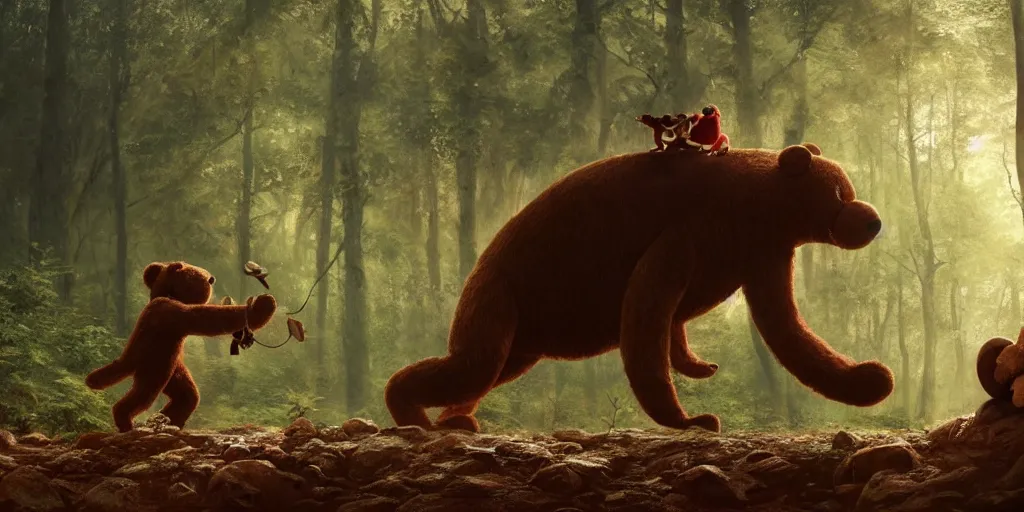 Image similar to a giant ant is riding a giant teddy bear in a forest, moody, cinematic light, art by Greg rutkowski, highly detailed, 8k