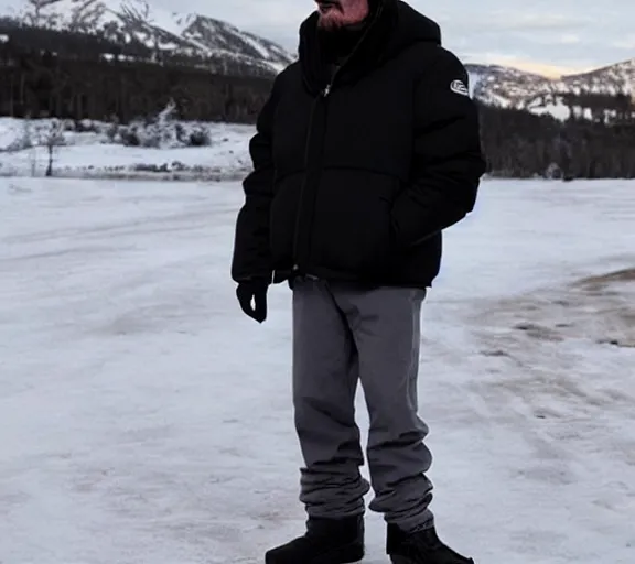 Prompt: Walter White wearing a black Supreme puffer jacket and a beanie, movie still, realistic