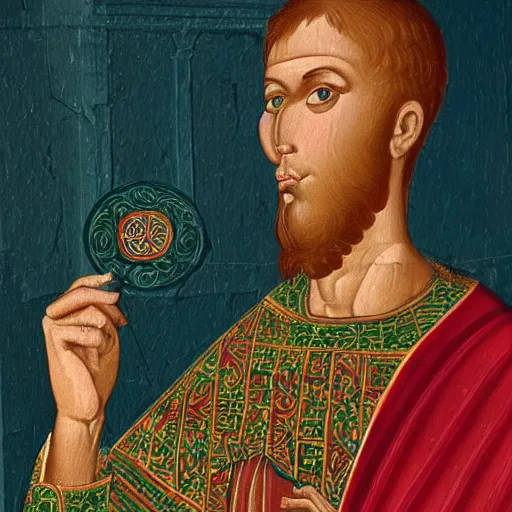 Image similar to A 11th century Italo-Byzantine painting of Jerma985, portrait of Jerma985, grainy, realistic, very realistic, hyperrealistic, highly detailed, very detailed, extremely detailed, very neat, very epic, very cool, detailed, trending on artstation