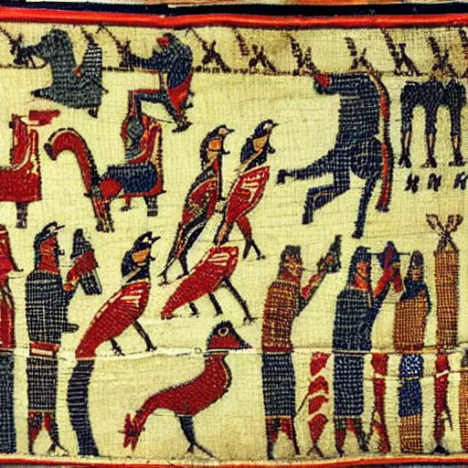 Image similar to bayeux tapestry, duck fight