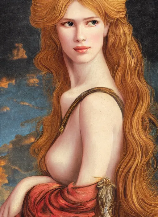 Image similar to portrait of Claudia Schiffer with long hair in baroque art, anime inspired, High Res 8K, hyperdetailed