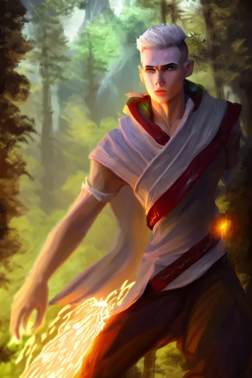 Prompt: a human elemental sorcerer, forest setting, colorful magic, male, white skin, young, sharp focus, concept art, dynamic lighting, unreal engine, by jeffchendesigns