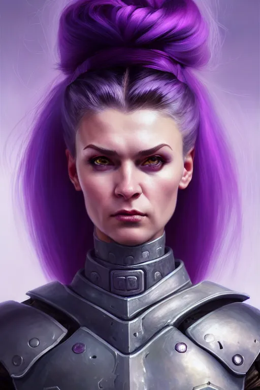 Image similar to alexey gurylev, close up portrait, pale woman in power armor with purple ponytail hair, stoic, focused, powerful, d & d, fantasy, complex, elegant, highly detailed, digital painting, artstation, concept art, matte, clear focus, illustration, hearthstone, artgerm art, greg rutkovsky and alphonse mucha