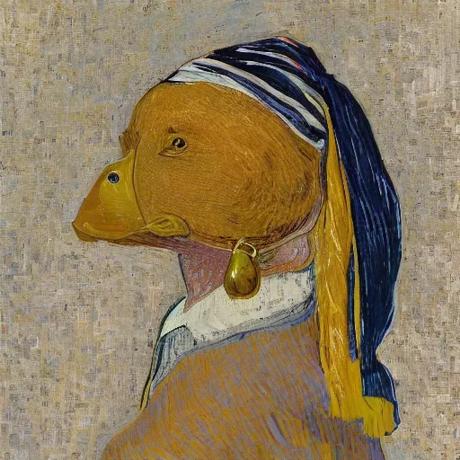 Prompt: A duck with a pearl earring, photorealistic, by Vincent van Gogh, 8k, trending on artstation