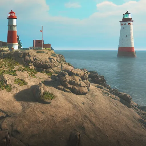 Image similar to screenshot of a lighthouse in a coastal landscape in the game Disco Elysium