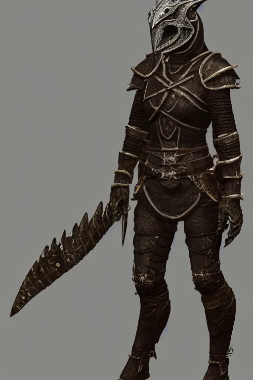 Prompt: female adventurer in tight full - body leather armor of argonian design with white porcelain crow mask, trending in artstation, establishing shot