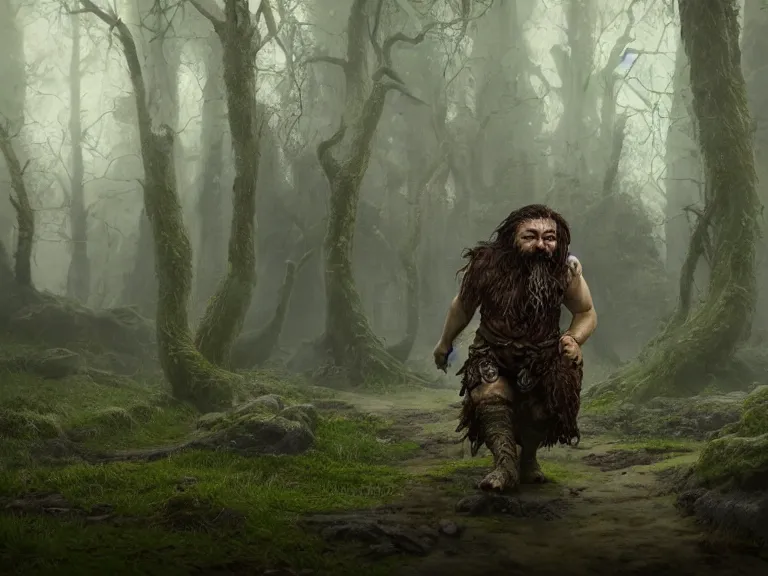 Image similar to Scared High Fantasy Dwarf Druid running through Haunted Swamp, RPG Portrait Reference, Oil Painting, Trending on Artstation, octane render, Insanely Detailed, 8k, HD