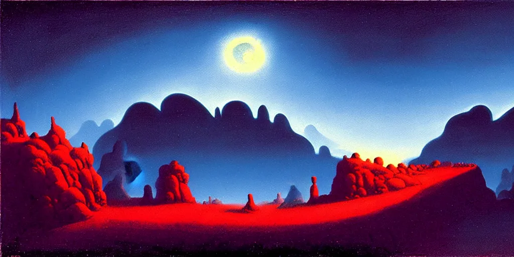 Image similar to cartoon paul lehr narrow night landscape with farawaymountains dark blue tones