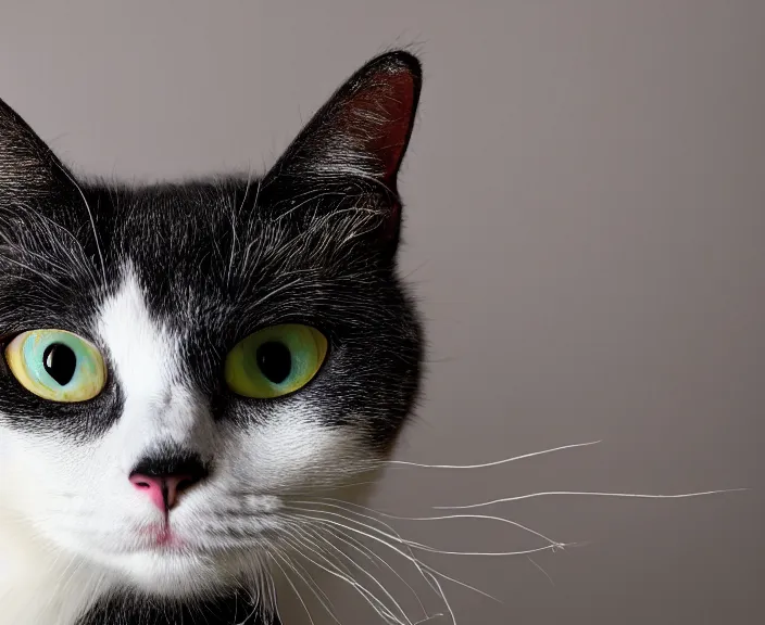 Prompt: 4 k hd, high detail photograph of a white and black cat, shot with sigma f / 4. 2, 2 5 0 mm sharp lens, wide shot, consistent, isometric view, volumetric lighting, high level texture render