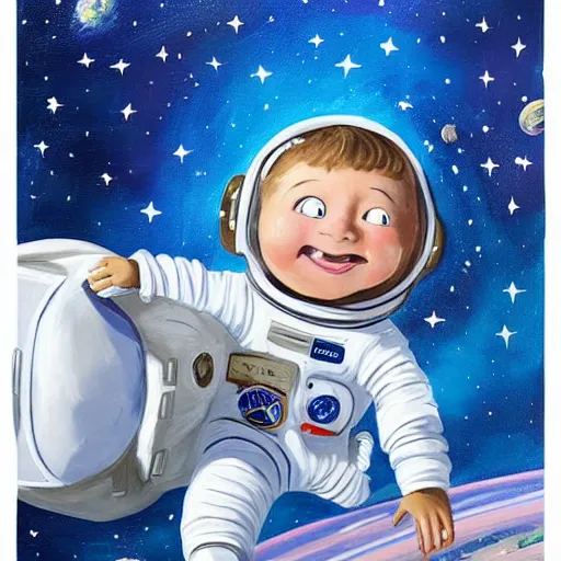 Prompt: a cute little girl with a round cherubic face, blue eyes, and short wavy light brown hair smiles as she floats in space with stars all around her. she is an astronaut, wearing a space suit. beautiful painting with highly detailed face by quentin blake and axel scheffler and greg rutkowski