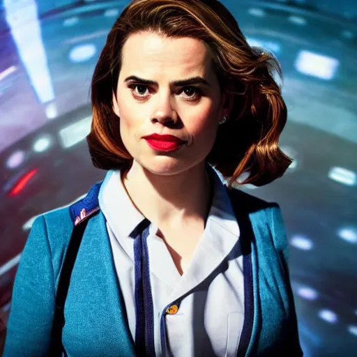 Prompt: a beautiful full body photograph of hayley atwell dressed as doctor who, time vortex in the background, symmetrical face, extreme realism and detail, 8 k, completely framed, direct lighting, 3 5 mm photo, photorealistic, sharp focus