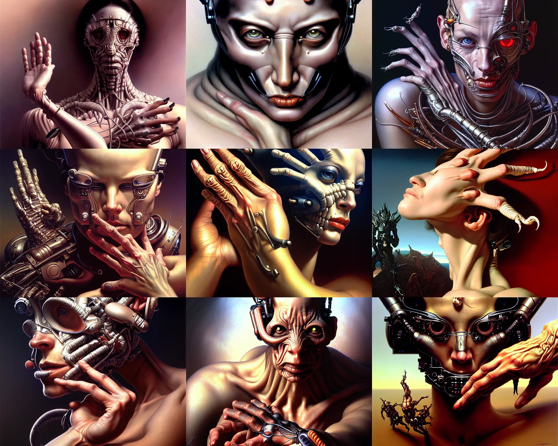 Prompt: human hand fantasy art portrait, ultra realistic, cinematic, wide angle, intricate details, cyborg, highly detailed by boris vallejo, caravaggio, aaron horkey, wayne barlowe, craig mullins, roberto ferri, hajime sorayama