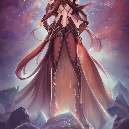 Prompt: “A detailed gorgeous beautiful anime woman with brown flowing hair, sorcerer , long blue cape, decorative leather armor, excellent detail, surrounded by a catacomb of books, high quality, Full-body character portrait, in the style of rossdraws, trending on artstation, hyper detailed, official art”