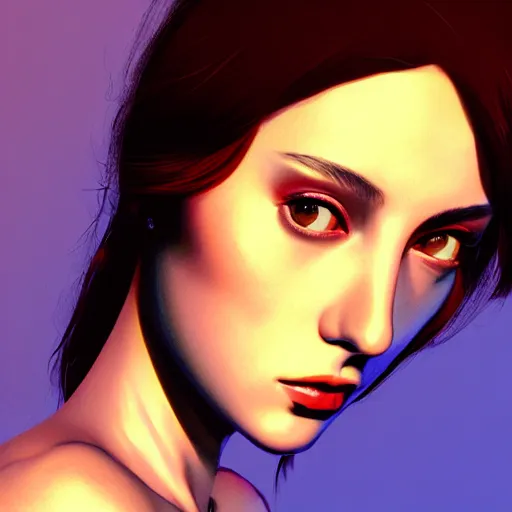 Prompt: the closeup portrait of an absurdly beautiful, graceful, cool, laid - back, young fashionable eighties italian horror film actress, by ilya, murata, mtv movies, an ultra finely pleasant illustration, mystic colors, soft smooth skin, laid back features, unreal engine 5 highly rendered, global illumination