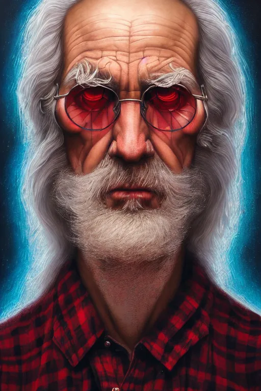 Prompt: an old man wear plaid red shir + long grey hair is the man who know everything in the universe by karol bak, james jean, tom bagshaw, rococo, sharp focus, trending on artstation, cinematic lighting, hyper realism, octane render, 8 k, hyper detailed, vivid, ultra detailed, highly detailed
