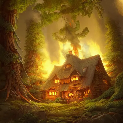 Image similar to a detailed illustration idyllic the house with smoke coming out of the chimney in the forest scene by Justin Gerard, trending on artstation, cgsociety, deviantart