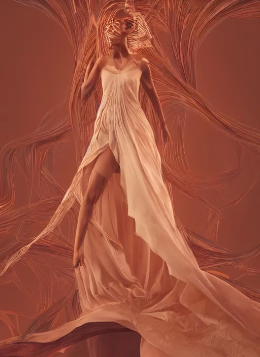 Image similar to portrait of a dancer in a long flowing gown. intricate abstract. intricate artwork. by tooth wu, wlop, beeple, dan mumford. trending on artstation, greg rutkowski very coherent symmetrical artwork. cinematic, hyper realism, high detail, octane render, 8 k, iridescent accents
