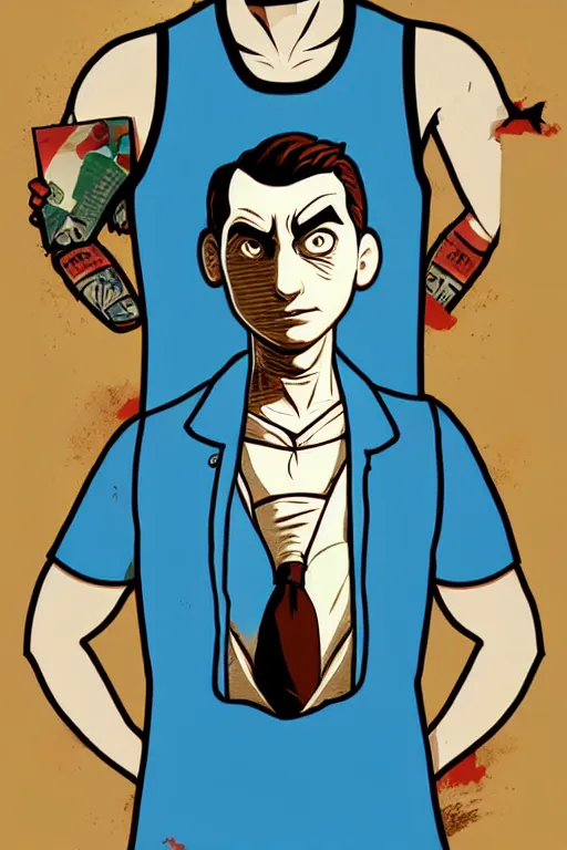 Image similar to boy with singlet tshirt and towel on shoulder, paper please art style, bioshock infinite art style, gta chinatown wars art style, pop art, proportional, digital arts, artstation, concept arts, smooth, sharp focus, illustration, intricate, hyperdetails, art by banksy and mimmo rottela, pixels art by paul robertson