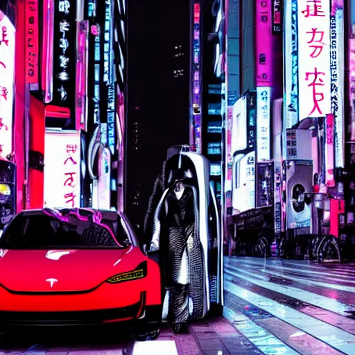 Image similar to cyberpunk tesla in the streets of tokyo, anime style