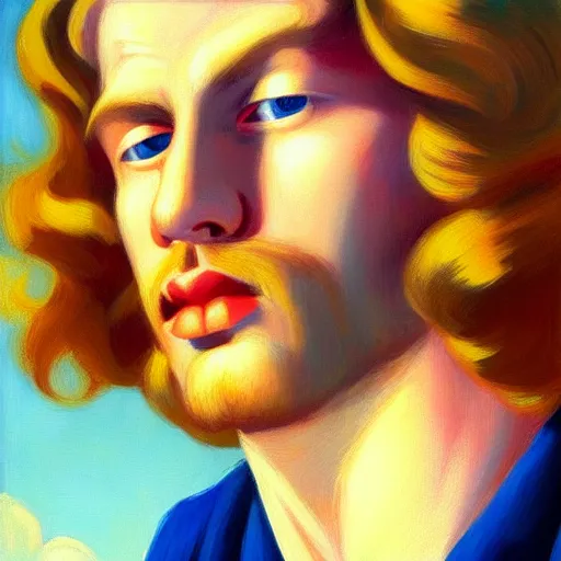 Prompt: A beautiful close-up of a young blond man with very long curly hair, dressed like in the 1940s, digital art by Edward Hopper, vibrant color scheme, highly detailed, in the style of romanticism, fine Art, high detail, great lighting, 8k resolution, masterpiece, concept art, illustration, clear eyes, soft lighting, soft details, painting oil on canvas, octane render, HDR, trending on artstation, 4k, 8k, HD