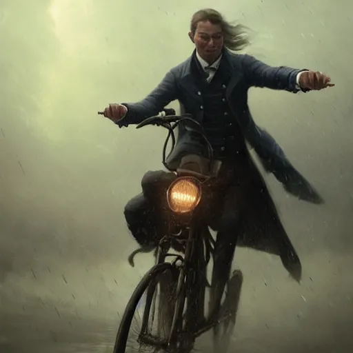 Prompt: cinematic shot epic portrait an man in a fancy suit riding a bike, rain, cloudy, broad light, ambient occlusion, volumetric light effect, made by ivan aivazovsky, peter mohrbacher, greg rutkowski, matte painting, trending on artstation, 4 k, perfectly defined features, digital painting, cinematic, epic, highly detailed,