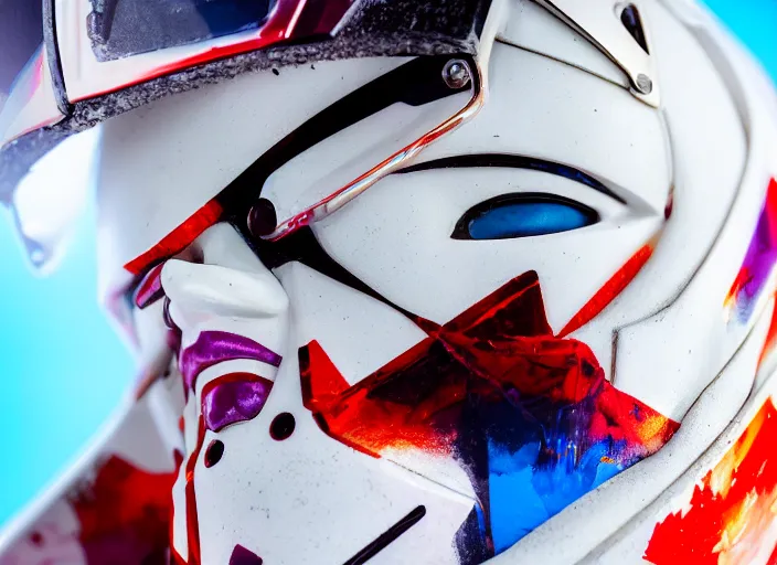 Image similar to extremely beautiful close up portrait photo of a white marble statue of an anime girl with colorful motocross logos and motorcycle helmet with closed visor, colorful smoke in the background, carved marble statue, fine art, neon genesis evangelion, virgil abloh, offwhite, denoise, highly detailed, 8 k, hyperreal