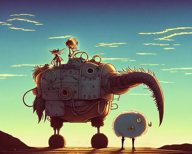 Image similar to a cell shaded cartoon giant grey lovecraftian mechanized ostrich from howl's moving castle ( 2 0 0 4 ), with a big head, on a desert road, wide shot, sunset, golden hour, muted colors, post grunge, josan gonzales, wlop, by james jean, victor ngai, hq, deviantart, art by artgem