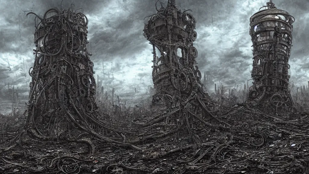 Image similar to A tower with an Eyeball at the top, BioMechanical like Giger, with tentacles coming out, looking over a stormy post-apocalyptic wasteland, dystopian art, wide lens