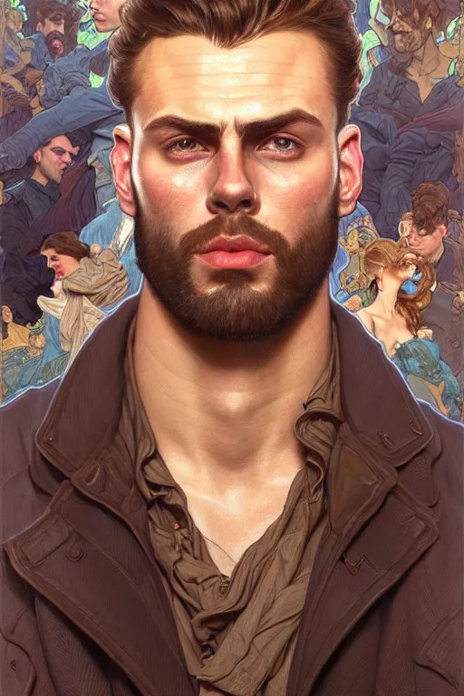 Image similar to clear portrait of a gigachad! attractive men, cottagecore!!, background hyper detailed, character concept, full body, dynamic pose, glowing lights!! intricate, elegant, highly detailed, digital painting, artstation, concept art, smooth, sharp focus, illustration, art by artgerm and greg rutkowski and alphonse mucha