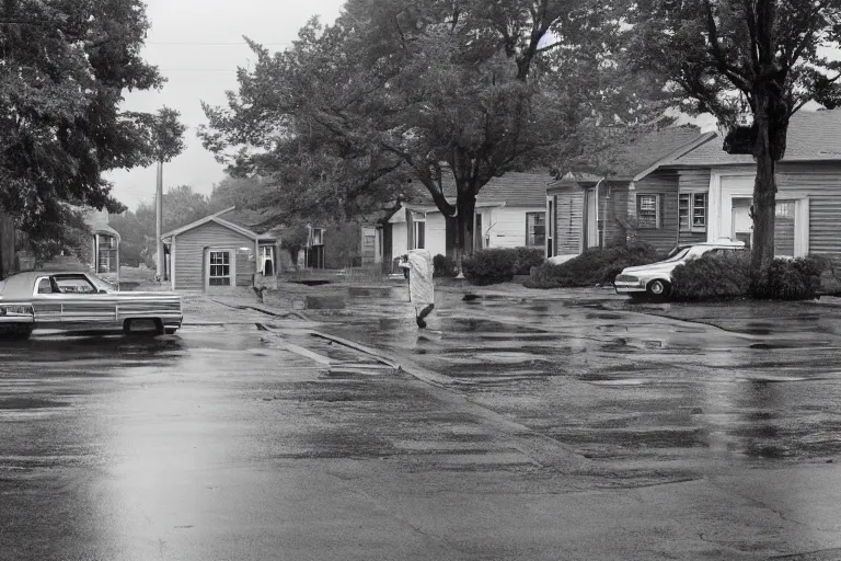 Image similar to a detailed photograph of a 1 9 7 0 s american neighborhood by gregory crewdson, photoreal, 4 k, rain