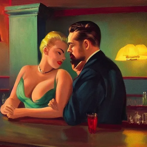 Prompt: a 1 9 5 0 s sultry curvy blonde woman seducing a lean man in a bar. he has black full hair and a strong beard, style of edward hopper, vintage, magazine cover