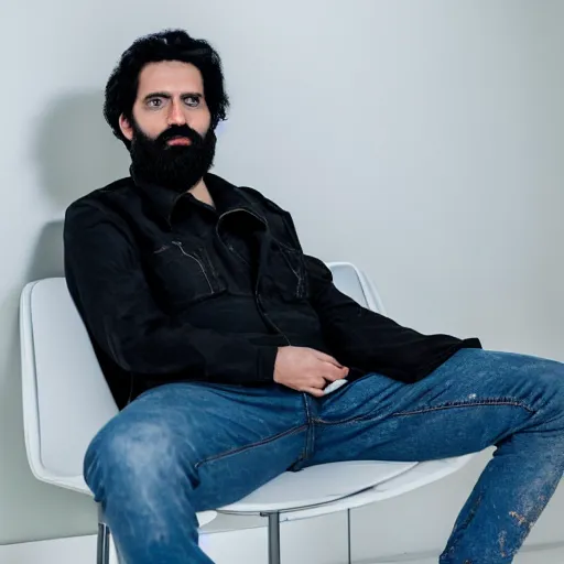 Image similar to a man with black hair and beard, wearing a black jacket, white shirt and jeans, sitting in an empty white room, devastated, highly detailed painting, 8 k