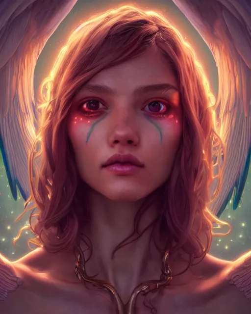 Prompt: portrait of a cute female angel, bioluminescent, veins, horror, happy, highly detailed, digital painting, cinematic, hyperrealism, dark retrowave, art by stanley lau and artgerm and magali villeneuve and alphonse mucha, artstation, octane render, cgsociety