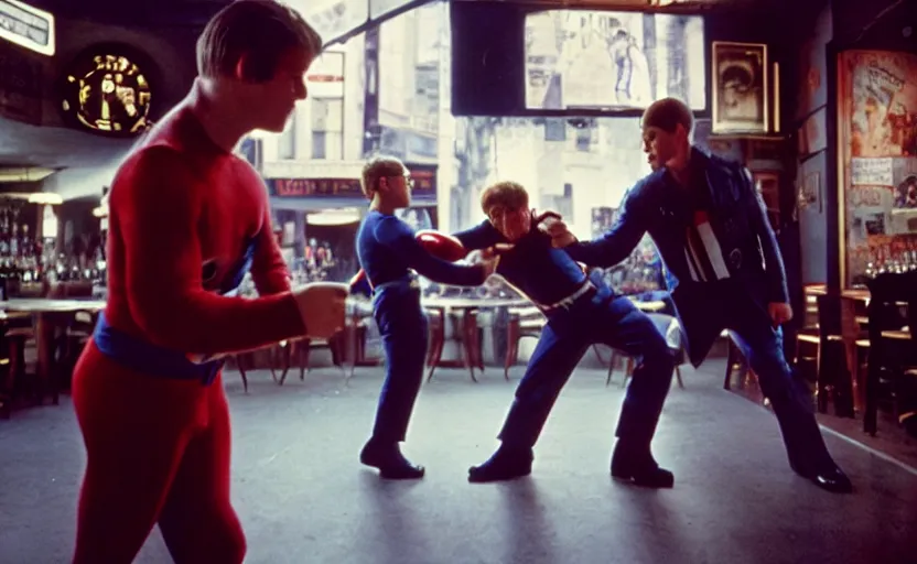 Image similar to cinestill 5 0 d candid photographic portrait by helen levitt of elton john fighting captain america in hand - to - hand combat, modern, moody, emotional cinematic, in a bar, 8 k, hd, high resolution, 3 5 mm, f / 3 2, ultra realistic faces, ex machina