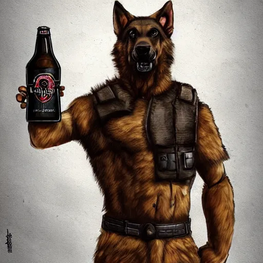 Image similar to a humanoid german shepherd beast - man in military style, holding a bottle of beer, artstation, concept art, smooth, sharp foccus ilustration, artstation