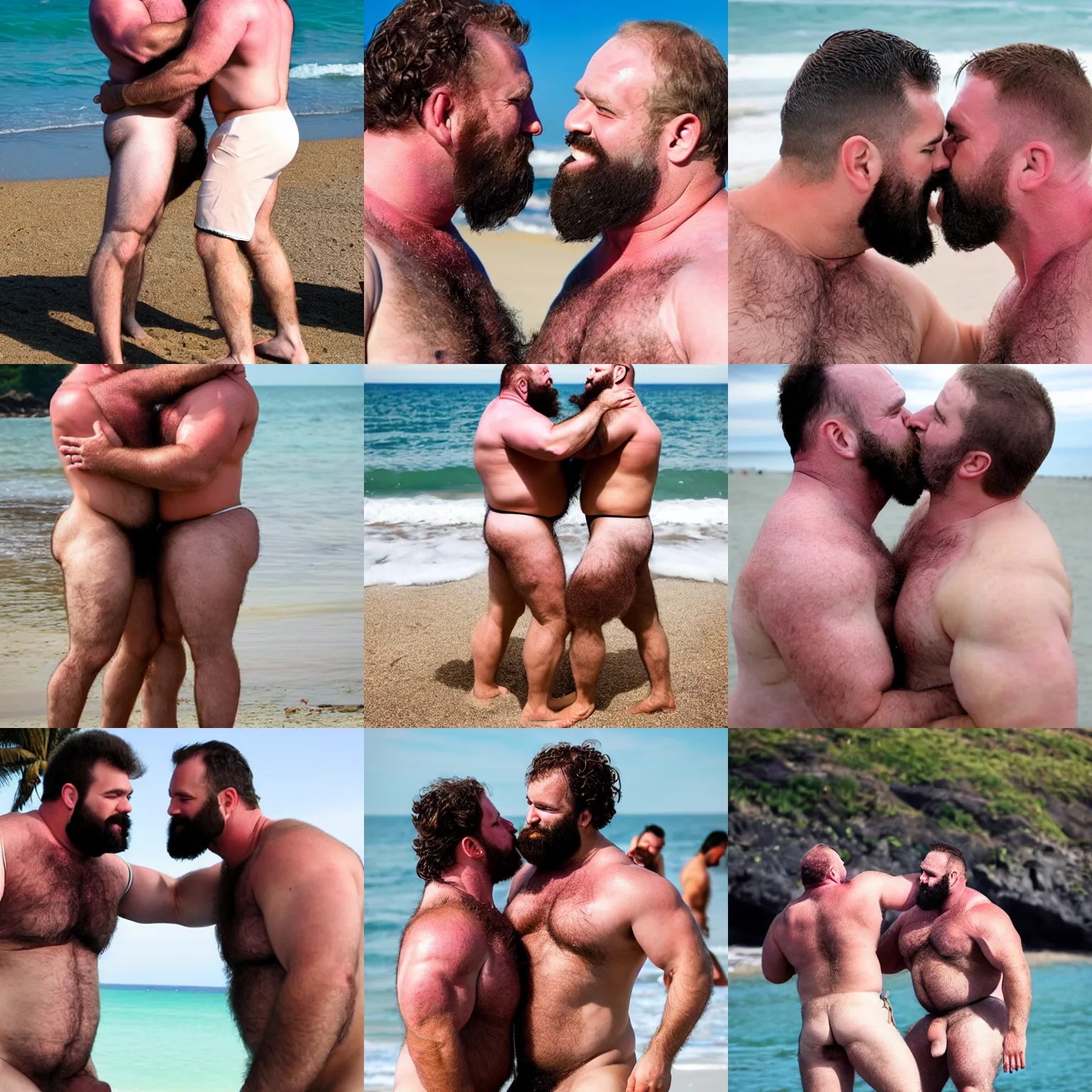 Prompt: burly hairy strongmen daddies kissing each other by a beach, photography