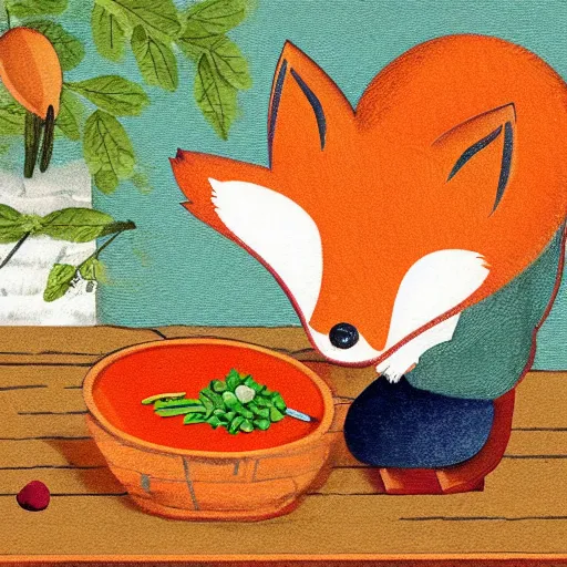 Image similar to storybook illustration of a small fox preparing a meal in his kitchen, soft colours, award-winning artwork