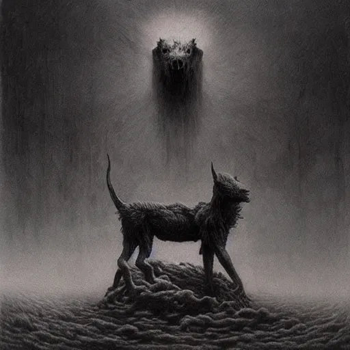 Image similar to fenrir beksinski, eldritch, apocalypse, creepy creature, horror spooky