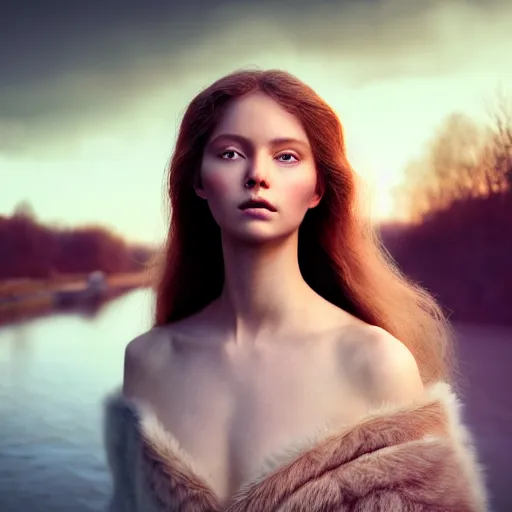 Image similar to photographic portrait of a stunningly beautiful siberian renaissance female in soft dreamy light at sunset, beside the river, soft focus, contemporary fashion shoot, in a denis villeneuve and tim burton movie, by edward robert hughes, annie leibovitz and steve mccurry, david lazar, jimmy nelsson, extremely detailed, breathtaking, hyperrealistic, perfect face, octane render