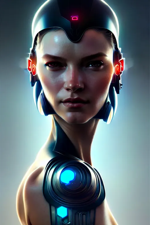 Image similar to ultra realistic, beautiful cyborg woman, sci-fi, fantasy, cyberpunk, intricate, elegant, highly detailed, digital painting, octane render, artstation, concept art, smooth, sharp focus, illustration, art by artgerm and vincent di fate and michael welan and greg rutkowski and alphonse mucha